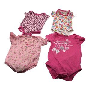 Baby Girl Bodysuit Lot Of 4 Sz 6-12M Strawberry Heart & Leopard Print Pink White